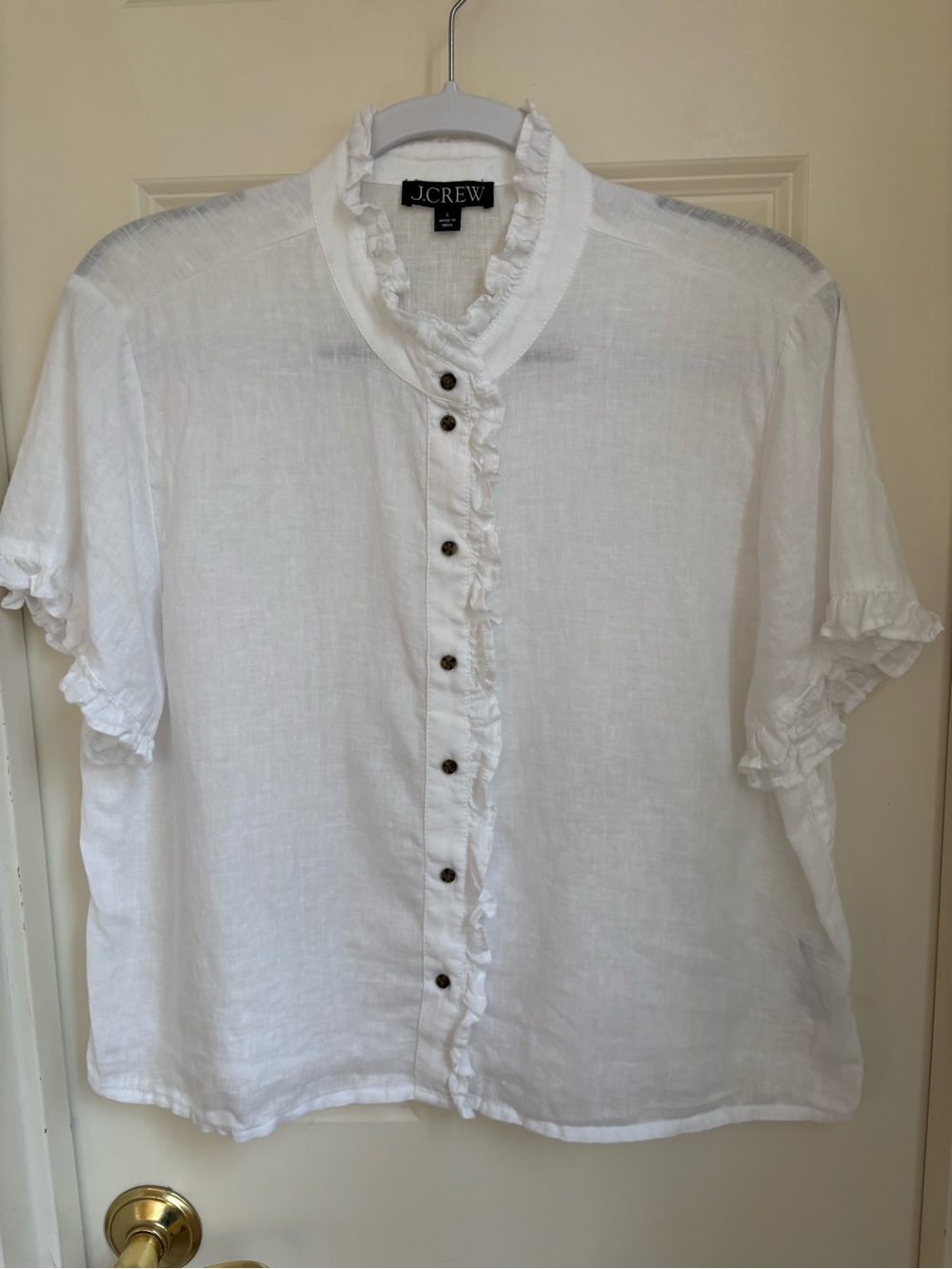 J.CREW White Ruffle Collar Linen Button-Front Blouse